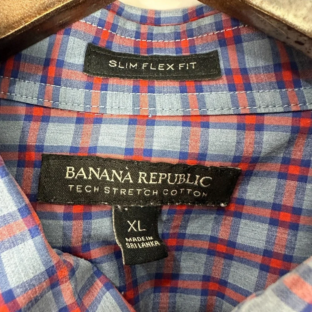 Banana Republic Button Down Shirt Mens‎ XL Blue Plaid Slim Flex Tech Stretch